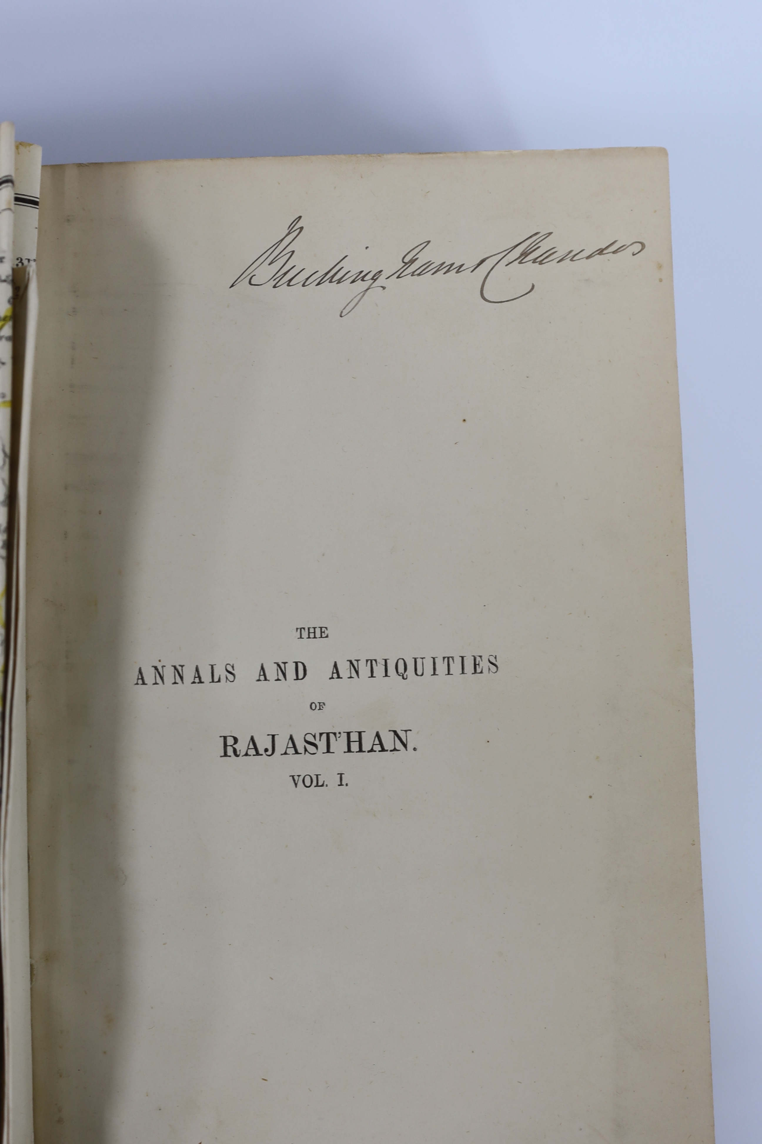 Tod, Lt. Col. James - Annals and Antiquities of Rajast'han, or the Central and Western Rajpoot States of India. 2nd edition, 2 vols. folded and coloured map, a folded facsimile and 4 folded tables; publisher's gilt picto